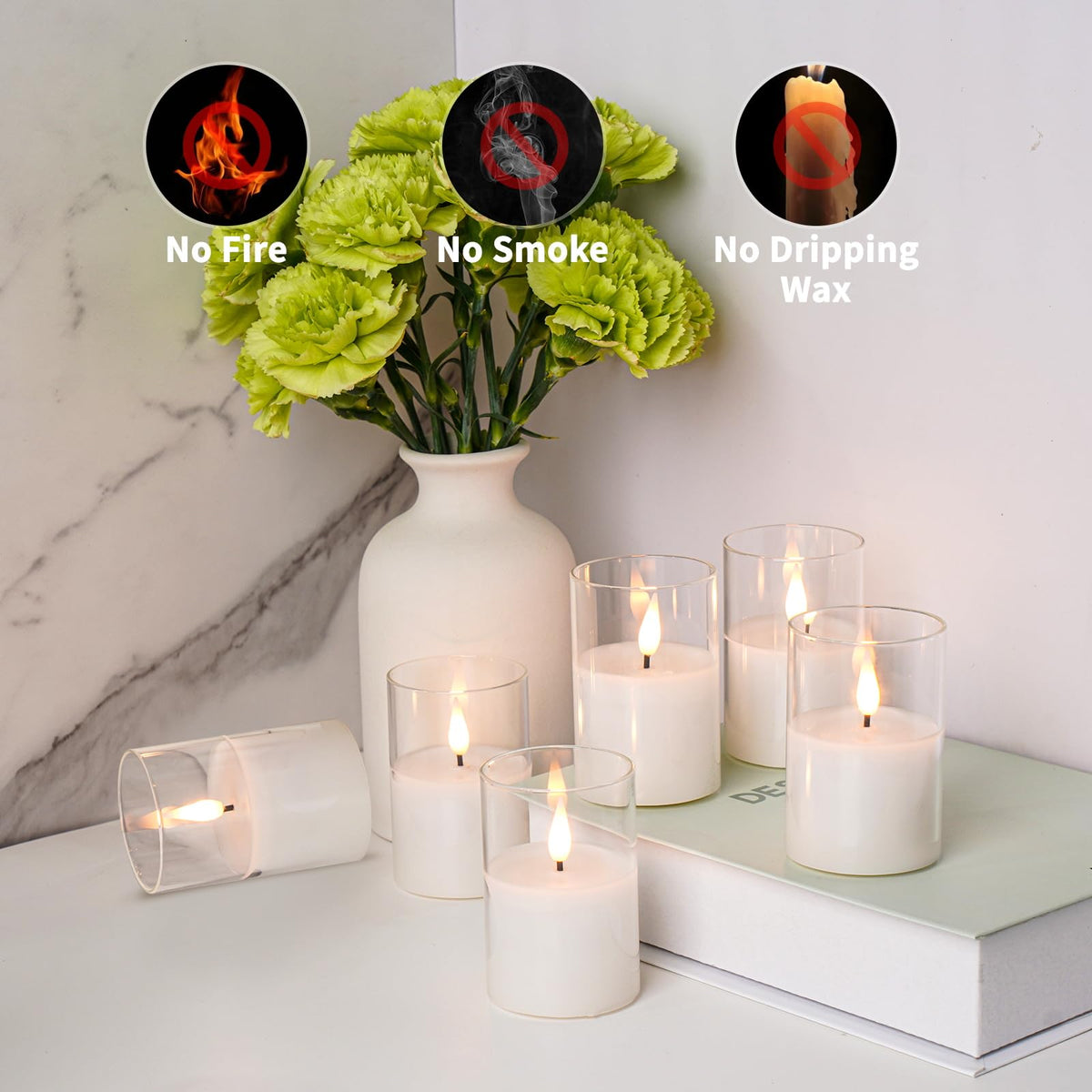 VIODAIM 12Pack Glass Flickering Flameless Candles with Remote, 2"X3" Real Wax Votive Candles Battery Operated, Small Electric LED Candles for Wedding Home Decor, w/4 Timers+2 Lighting Modes [Clear]