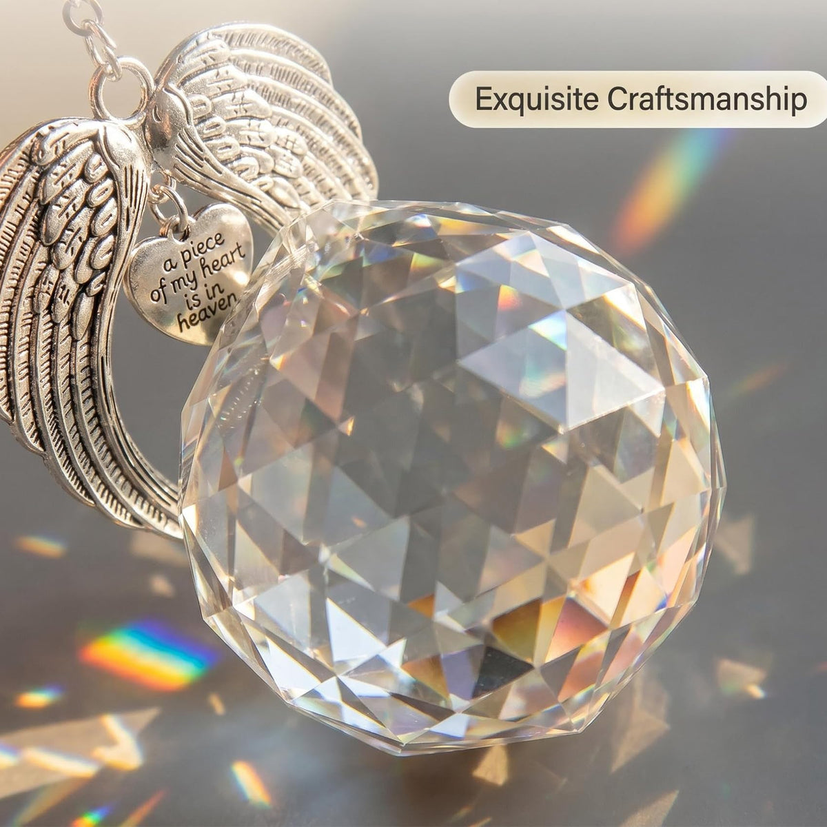 Memorial Suncatcher Angel Wings with Crystal Ball, “A Piece of My Heart is in Heaven” Sympathy Gift for Loss of Loved One or Pet, Bereavement Remembrance Hanging Decor for Window 18.5 Inch