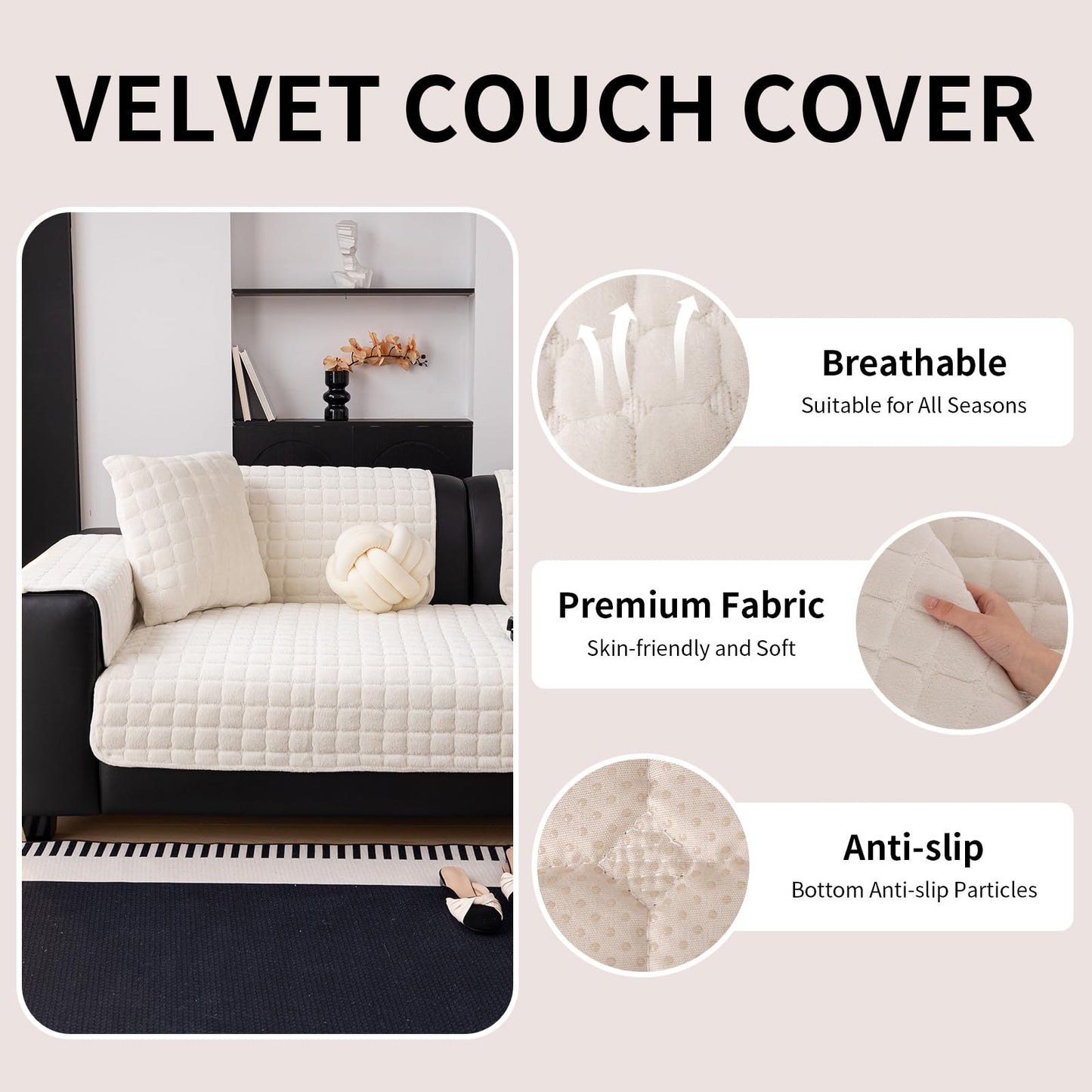 MDSASFD Velvet Couch Cover, Washable Sectional Sofa Cover, Anti Slip Sofa Slipcovers for 3 Cushion Couch Sofa L Shaped Recliner, Furniture Protector Covers for Pets Kids(White, Only 1 PCS)