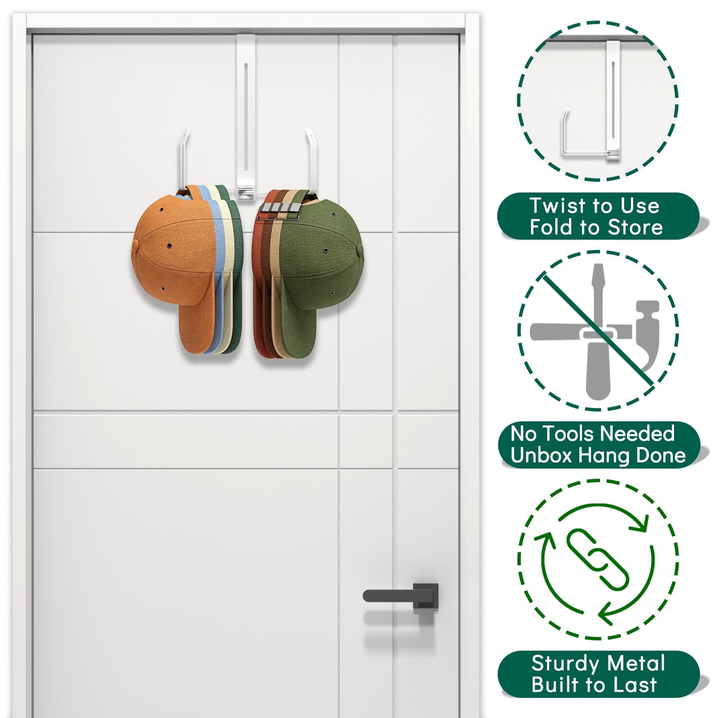 RHAXION Over The Door Hat Organizer - Premium 2-in-1 Expandable Hat Hanger with Rotating Hooks for Baseball Caps - Heavy Duty Hat Rack for Closet Bedroom Travel, Space Saving, No Drilling - White