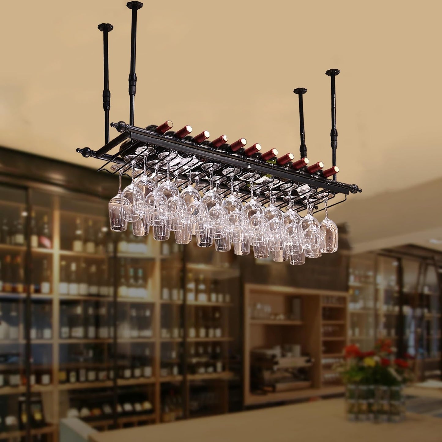 BELELUCKY Ceiling Wine Glass Rack,Hanging Wine Rack With Glass Holder And Shelf,Height Adjustable Metal Ceiling Bar Wine Glass Rack,liquor Bottle Display Shelf For Bars Cafe Kitchen (Color :