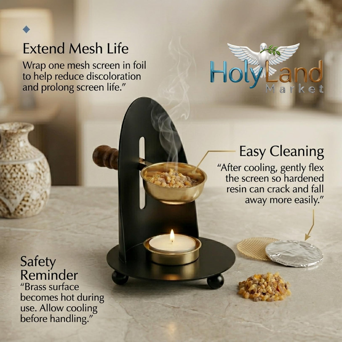 Brass Incense Burner Kit - Candle,Incense and 2 Mesh Screens, Adjustable Charcoal and Tea Light Bakhoor Burner for Resin, Myrrh, Copal at Home, Church, Meditation Space (Brass - Black - Model)