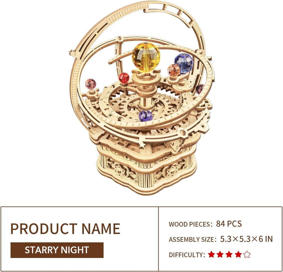 ROKR 3D Wooden Puzzles for Adults Mechanical Music Box-Starry Night, DIY Rotating Music Box Model Building Kits for Teens, DIY Crafts/Hobbies/Gifts Desk Decor for Boys Ages 14+ (Starry Night)