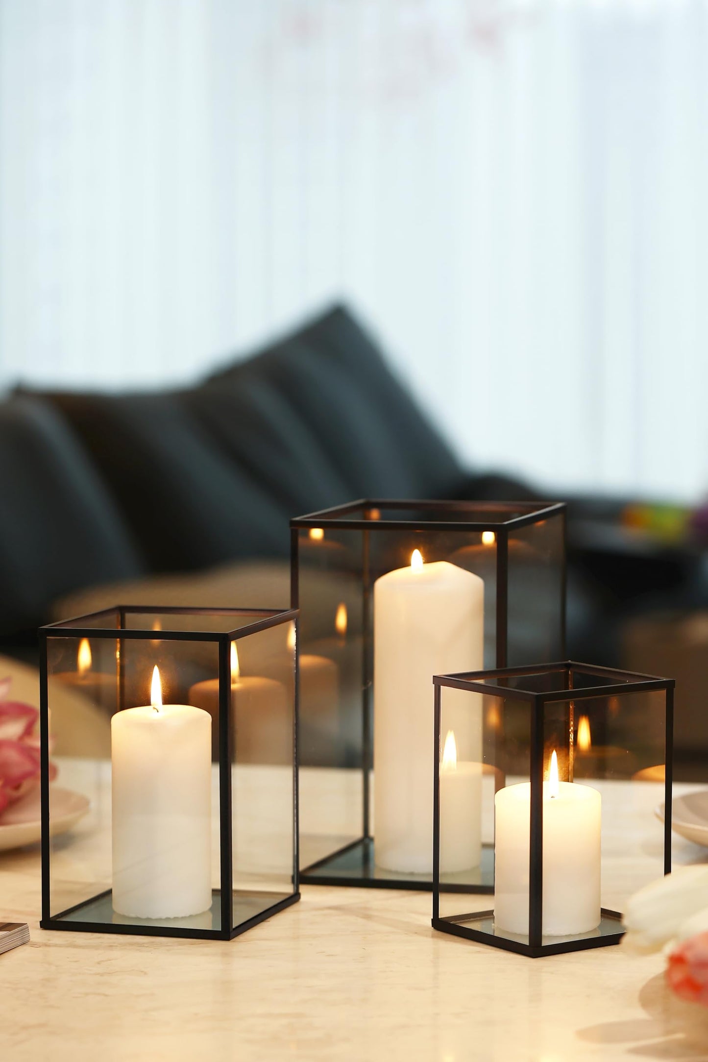 PHOSPHOR Hurricane Glass Candle Holder Set of 3 Pieces Black Hurricane Candleholders for Wedding Party Holiday Birthday Home Decor Lanter