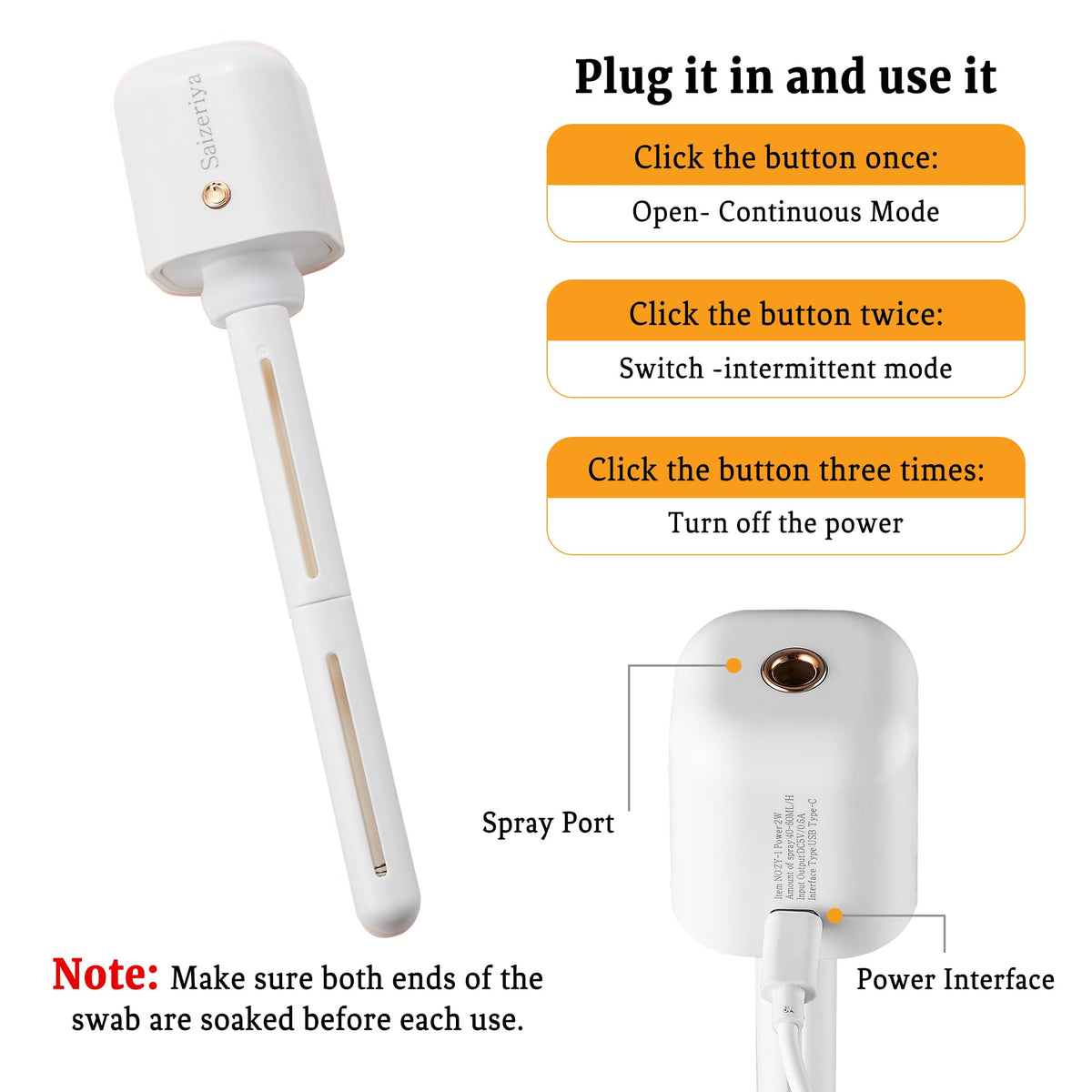 Saizeriya Mini Humidifier, Portable Humidifiers for Travel, White Small Personal Mist Maker with USB Use Quiet Air Diffuser with Adjustable Length for Car Bedroom Office Use