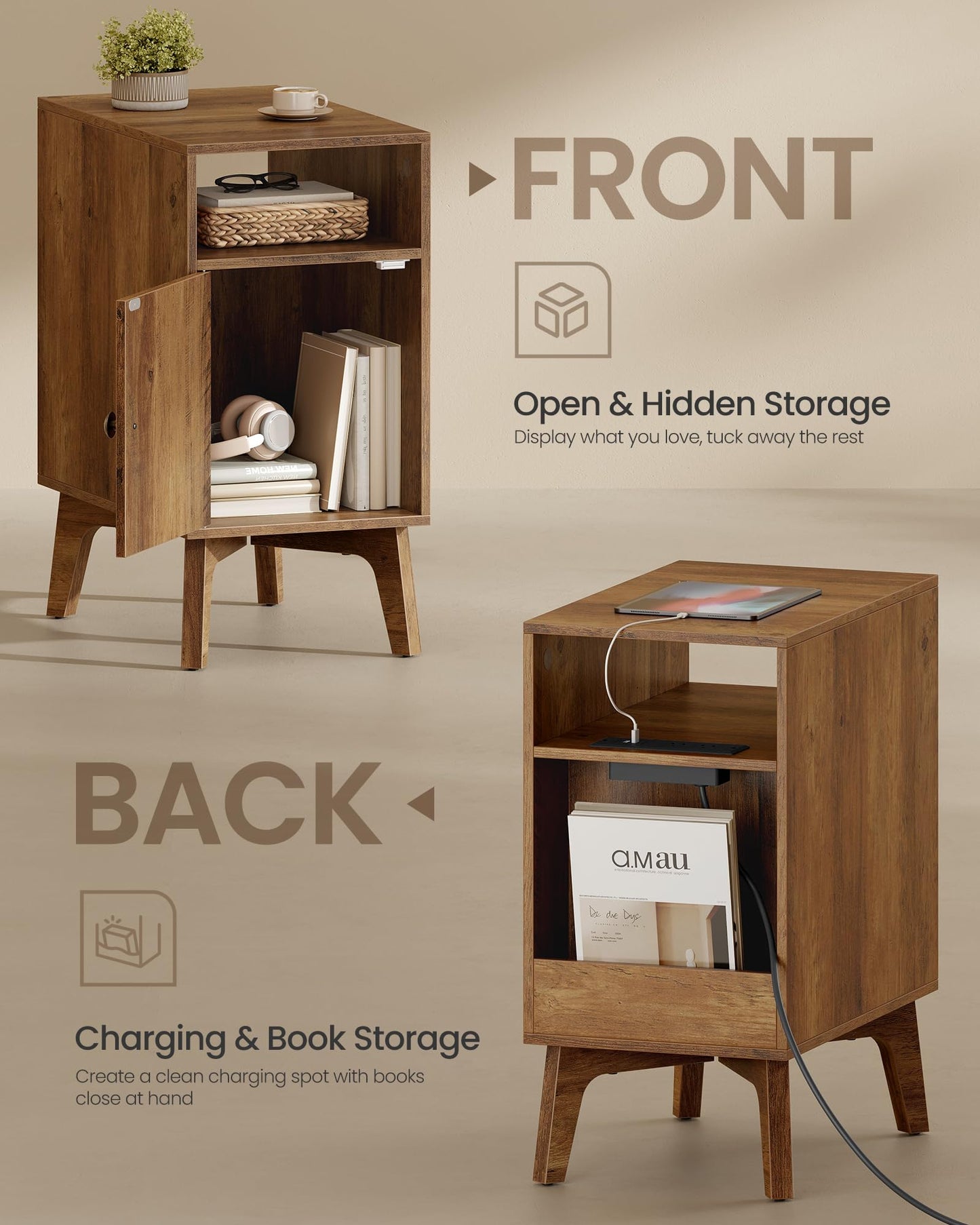 VASAGLE MAEZO Collection - End Table with Charging Station, Narrow Side Table, Nightstand with Tapered Legs, Curved Transitions, for Small Spaces, Living Room, Bedroom, Honey Brown ULET329K101S