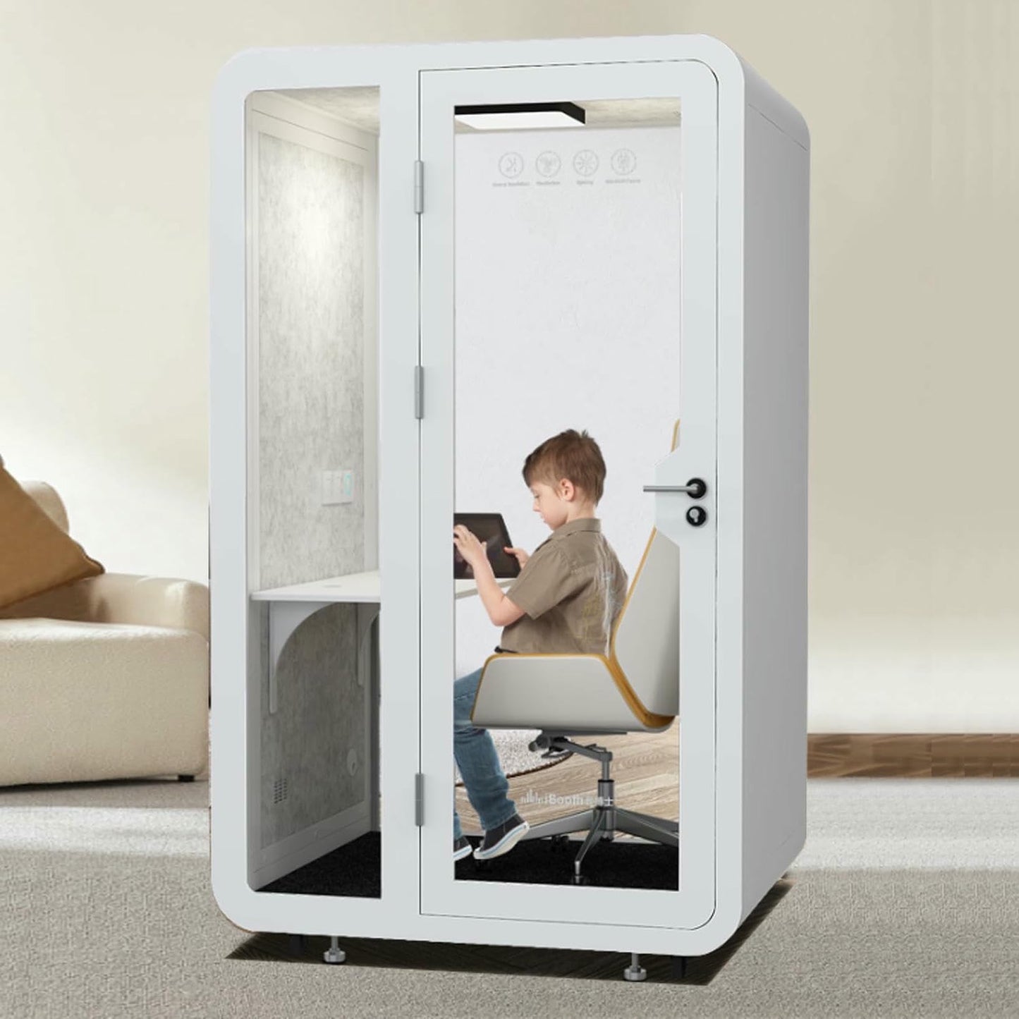 Office Sound Booth with LED Lighting and Desk, Portable Booth Modern Privacy Pod, Modular Privacy Separate Room for Meditation Study, Movable Room for Work