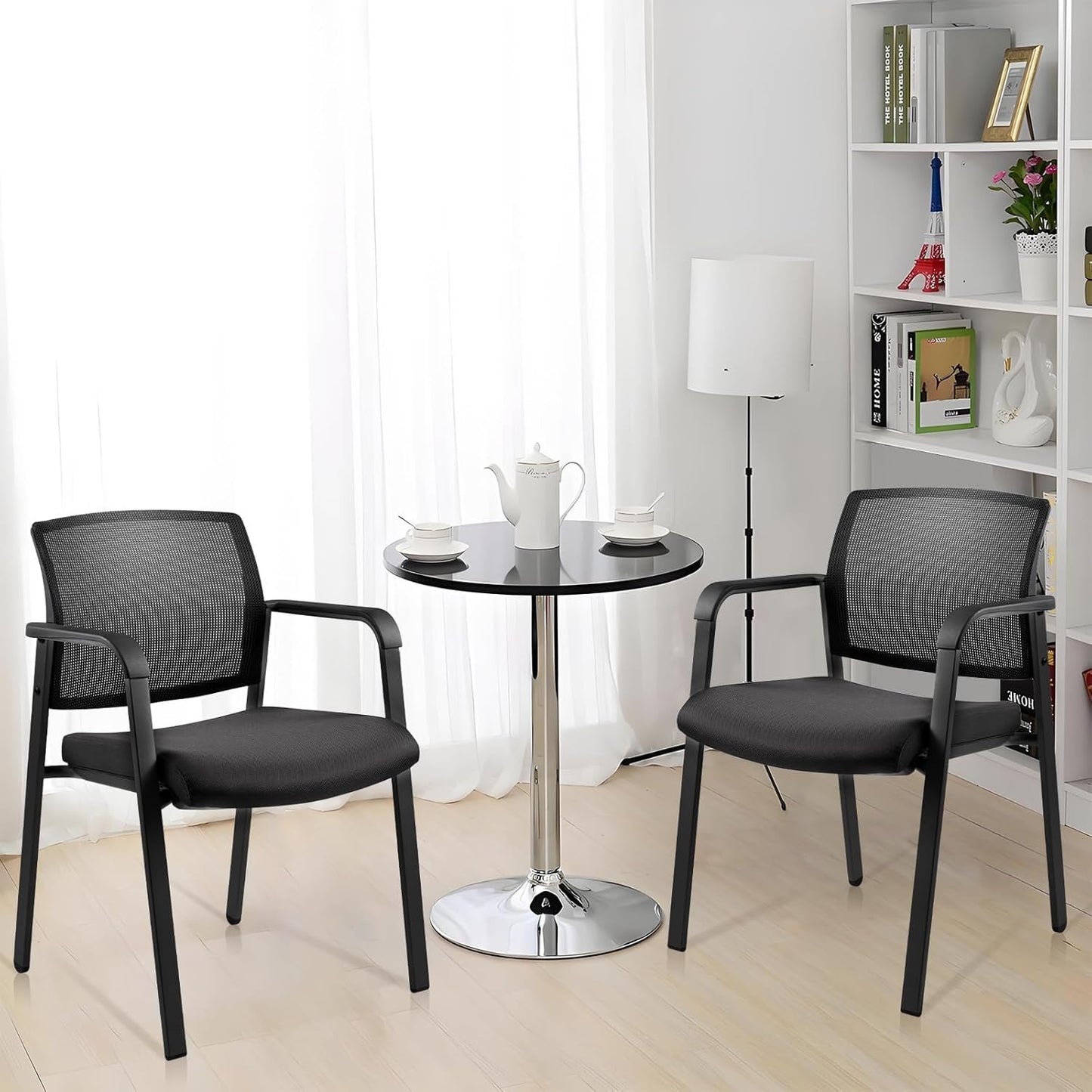 CLATINA Mesh Back Stacking Arm Chairs with Upholstered Fabric Seat and Ergonomic Lumbar Support for Office School Church Guest Reception Black 8 Pack Set New Version