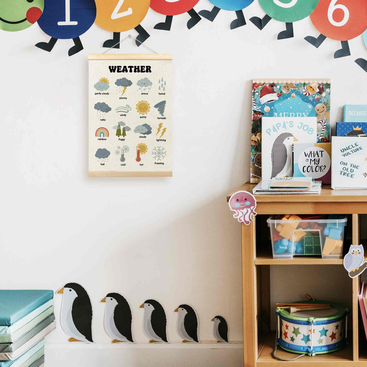 TLESKE Classroom Weather Chart Preschool Poster Hanger Frame, Homeschool Hanging Wall Art Decor for Toddlers Kids Room Nursery Playroom, Prek Learning Educational Poster Print Banner, 12x16