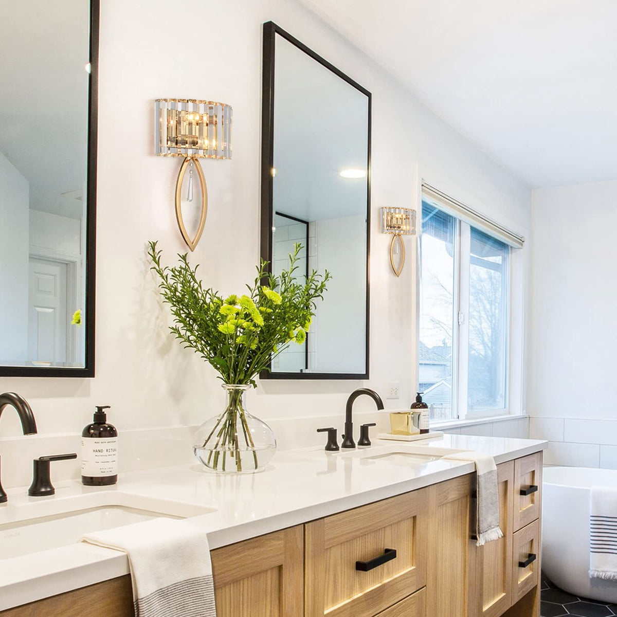 CLAXY Mid Century Wall Sconces, 2-Light Elegant Crystal Gold Wall Light for Bathroom Bedroom Hallway