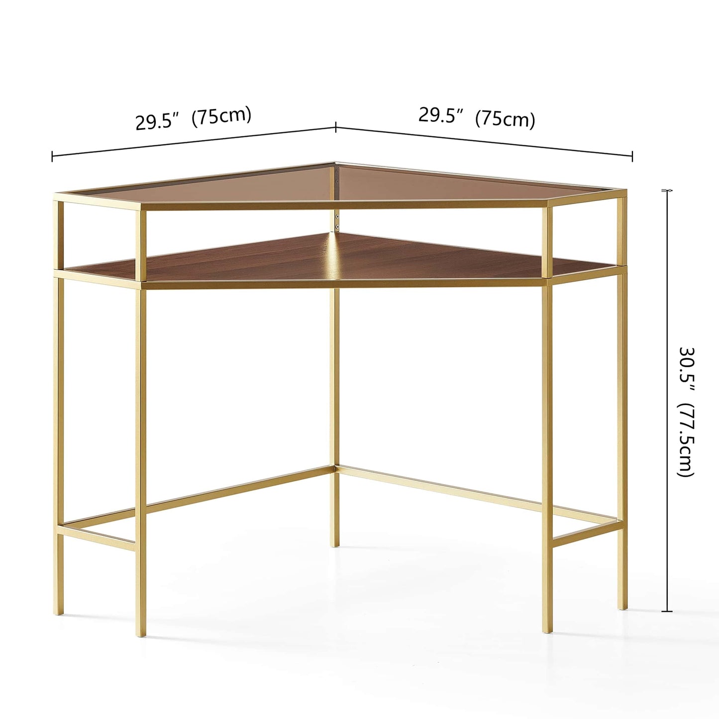LumFurn Corner Table for Small Space, Triangle Computer Desk for Living Room, Bedroom, Workstation, Office, 2-Tier Structure, Amber Glass Top and Walnut Shelf with Gold Finish Frame