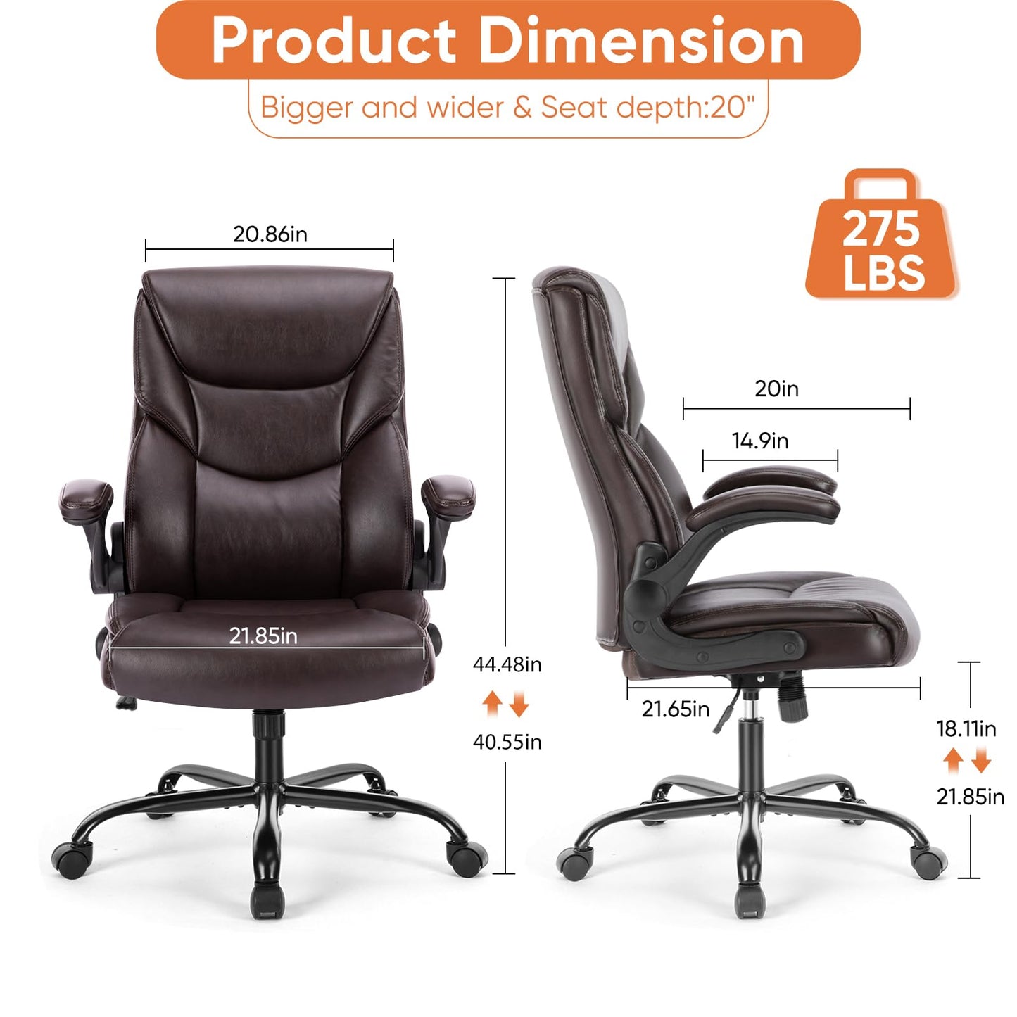 Sweetcrispy Computer Gaming Chair, Ergonomic High Back Heavy Duty Task Desk Office Chairs with Wheels, Flip-up Arms, Adjustable Height, PU Leather,Dark Brown