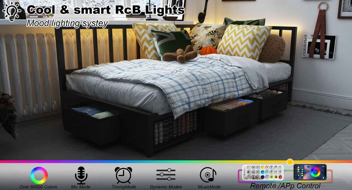 Modern Corner Storage Bed Frame (Twin, Black) - Convertible Sofa Bed with Pull-Out Cabinet, Bookshelf, Headboard Storage & Drawers, Built-in RGB Mood Lights for Small Spaces (No Box Spring Needed)