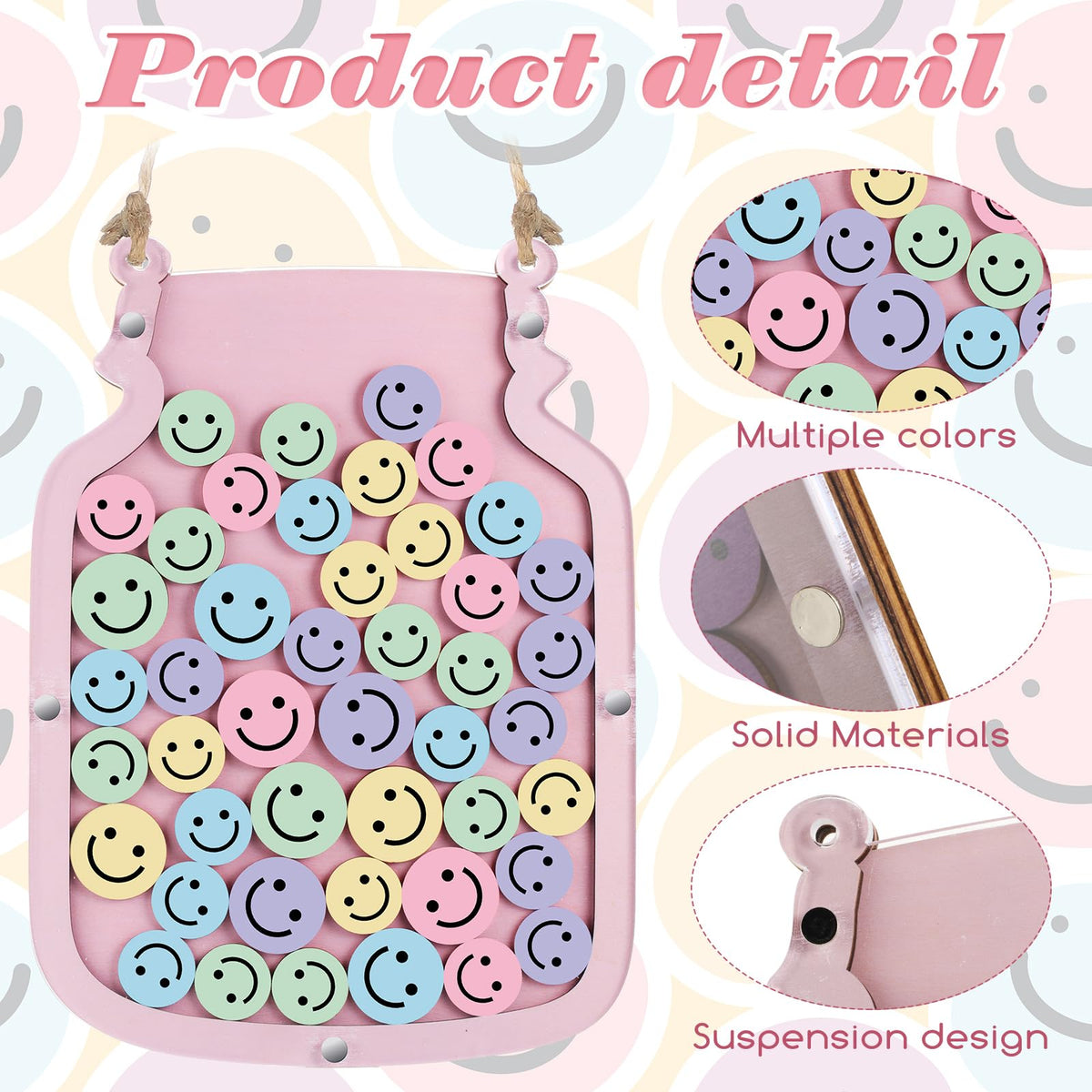 Zhanmai 11.57 x 8.66" Classroom Reward Jar for Kids Behavior Chart for Classroom Star Reward System Hanging Wooden Home Behavior Jar for Boys Girl Management Board Tools Incentive(Smiling Face,Pink)