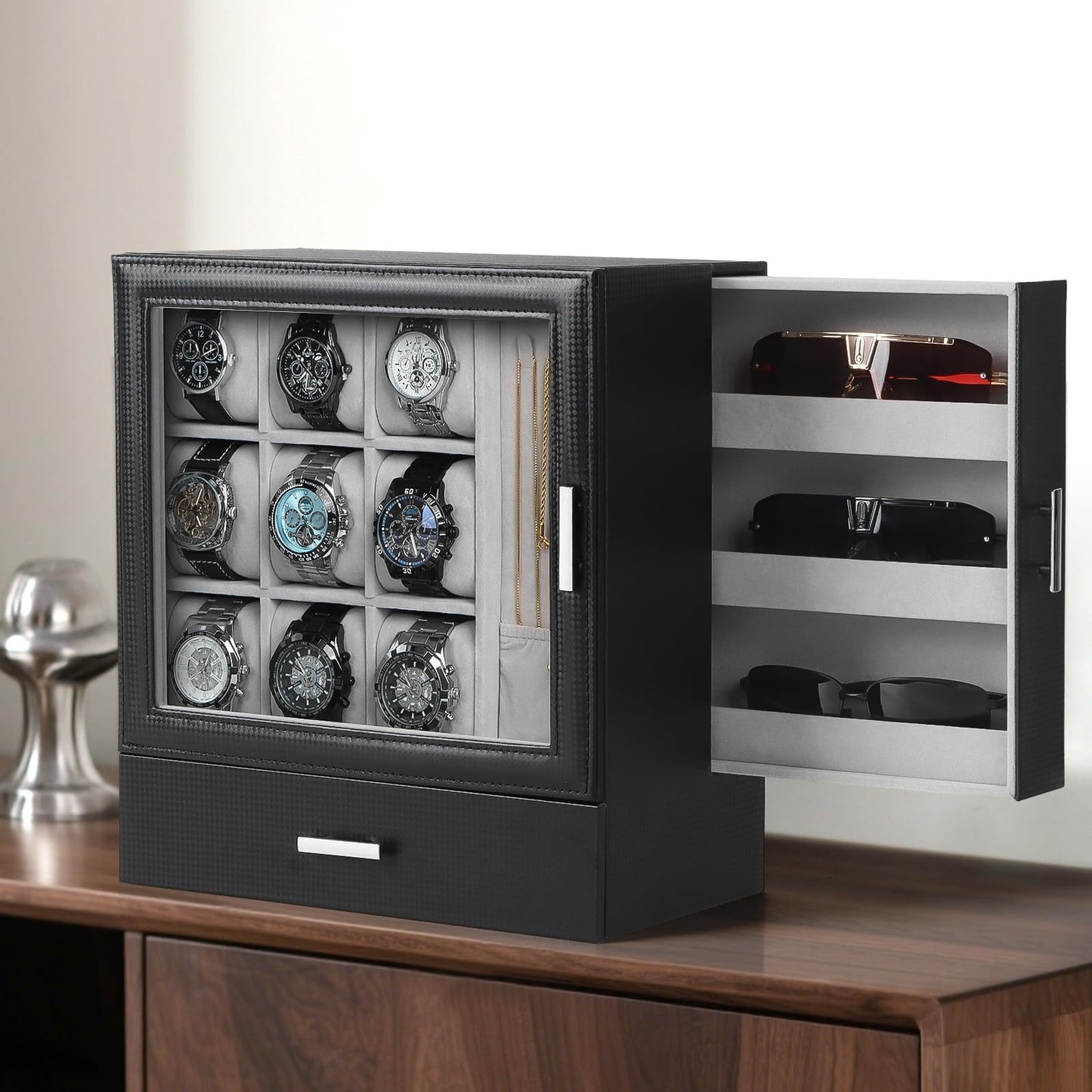 Kukikan 9-Slot Watch Display Case with Necklace Display, High End Men Jewelry Box w/Drawer, Standing Watch Box for Men w/Clear Lid, Watch Case for Sunglasses, Vertical Storage, Fathers Day Gift