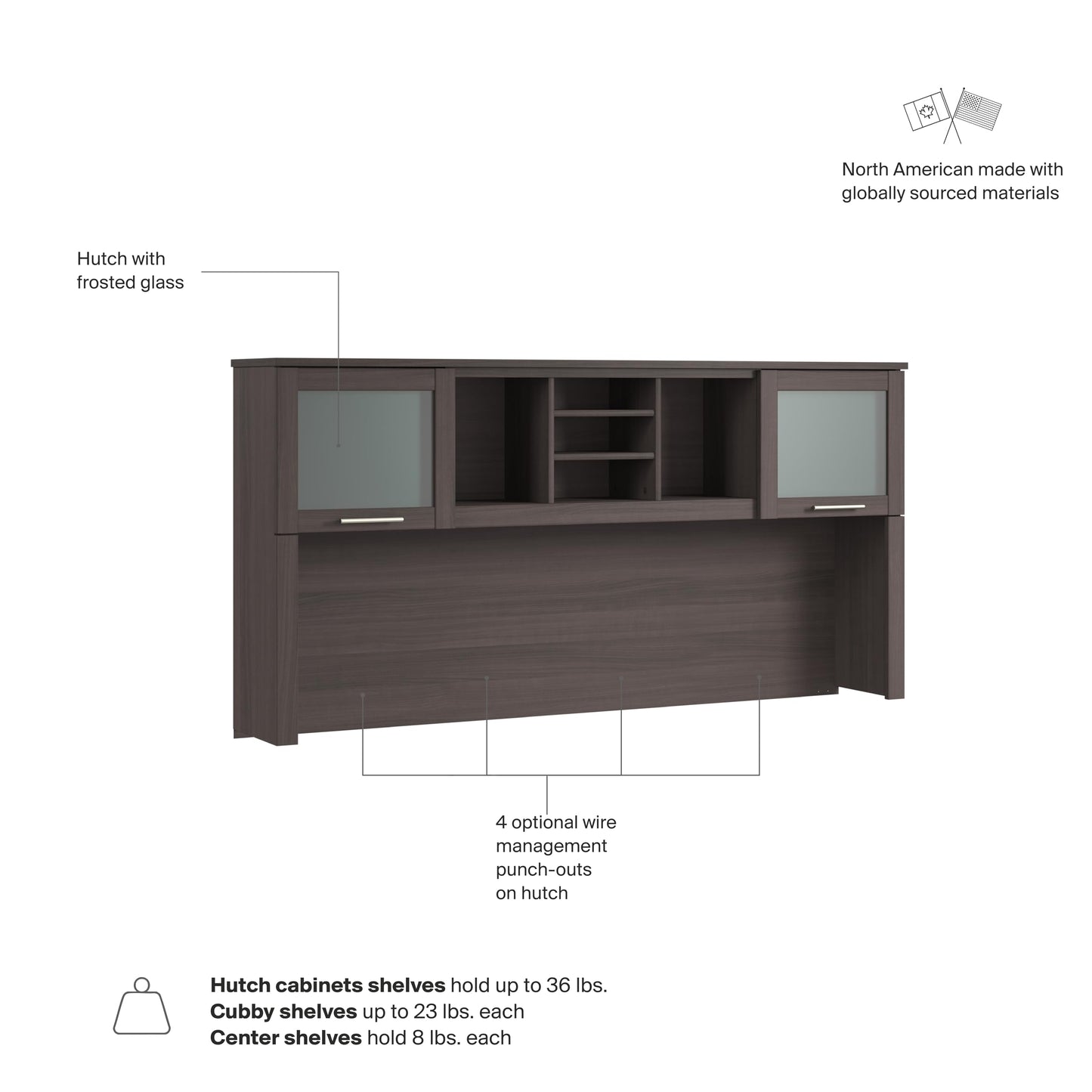 Bush Home 72-Inch Desk Hutch, Office Storage Organizer with Shelves, Cubbies and Frosted Glass Doors for Computer Desk, Home Office Furniture, Somerset Collection, Storm Gray