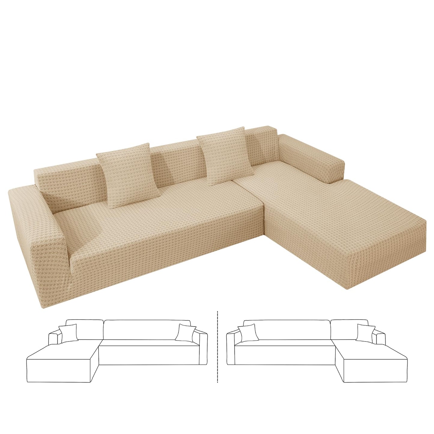 ZNSAYOTX Stretch Sectional Couch Covers New-Houndstooth Texture, Thick Slipcovers with Elastic Bottom for L Shape Sectional Sofa, 2 Pcs Pet Friendly Universal Protector (Chaise or Sofa), Khaki