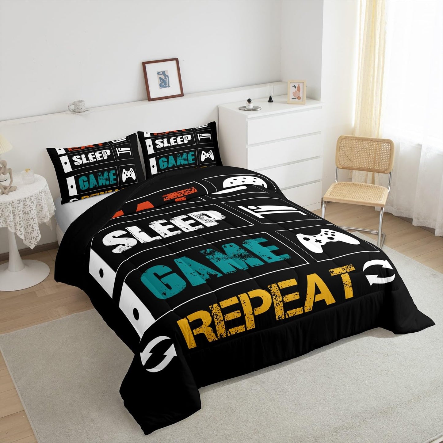 Boys Gaming Comforter Sets for Kids Queen Size Gamer Bedding Set Teens Video Games Comforter Duvet Room Decor Funny Creative Eat Sleep Game Repeat Design Reversible Inner Fill Quilt Set All Season