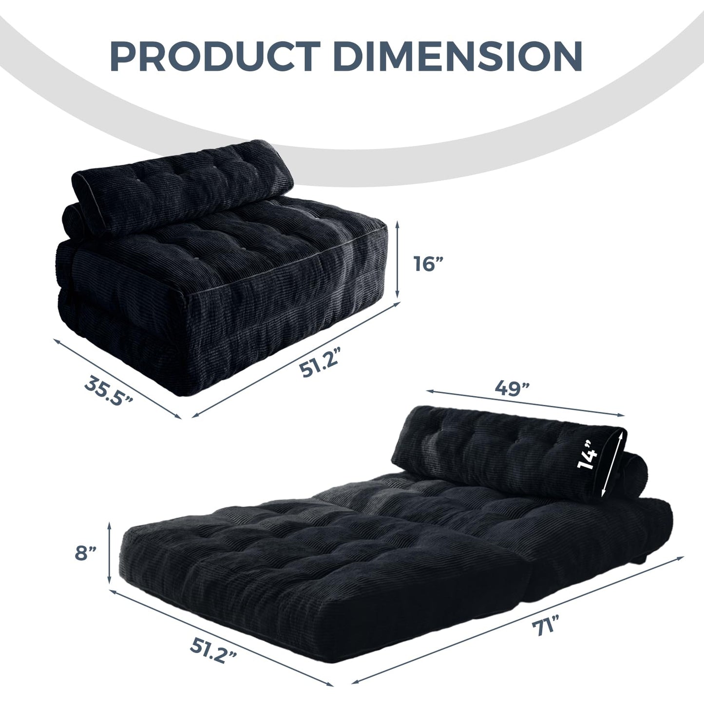 MAXYOYO Folding Sofa Bed, Convertible Chair with Pillow Foldable Couch with Back Support, Portable Fold Out Chair Bed Comfy Floor Sofa Lounge for Living Room Bedroom, Black Double