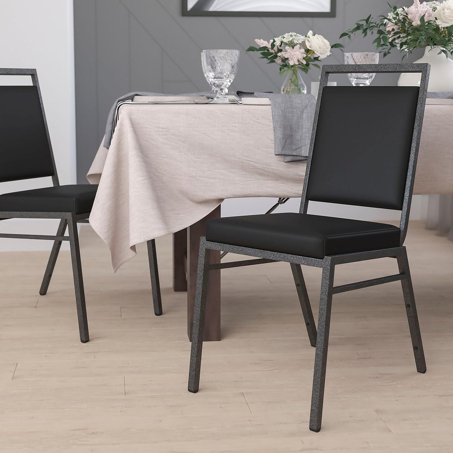 Flash Furniture HERCULES Series Square Back Stacking Banquet Chair in Black Vinyl with Silvervein Frame