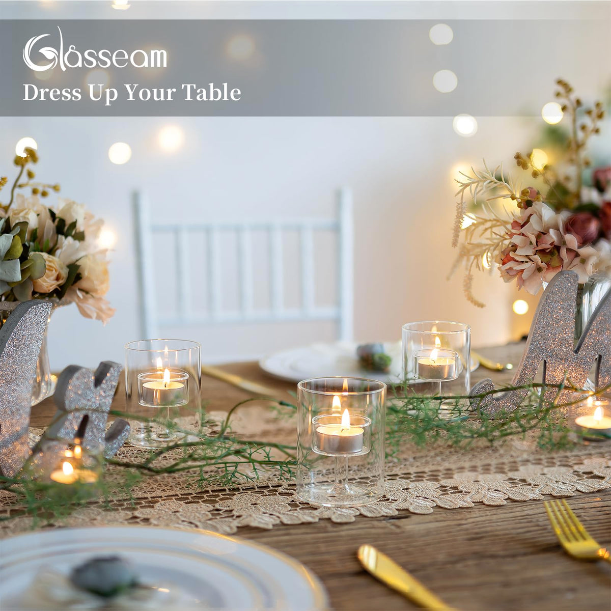 Glasseam Glass Tealight Candle Holder: Small Hurricane Cylinder Votive Holder Set of 6 Modern Table Centerpiece Wedding Christmas Party Decorations, 3.15