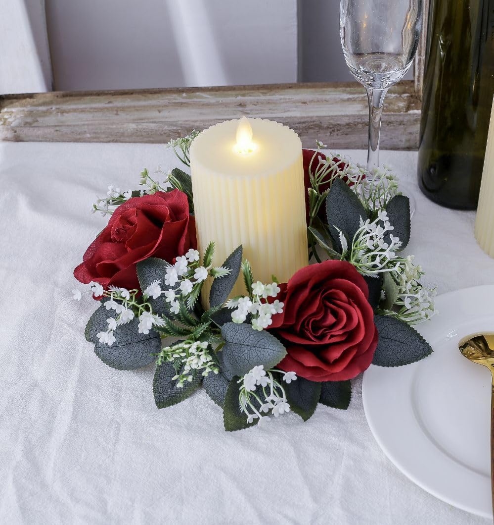 2 Pcs Artificial Rose Candle Rings Holder,Christmas Floral Wreaths with Eucalyptus Leaves Greenery Candle Rings for Pillar Candle Lantern Wedding Centerpiece Party Home Table Decor (Red)