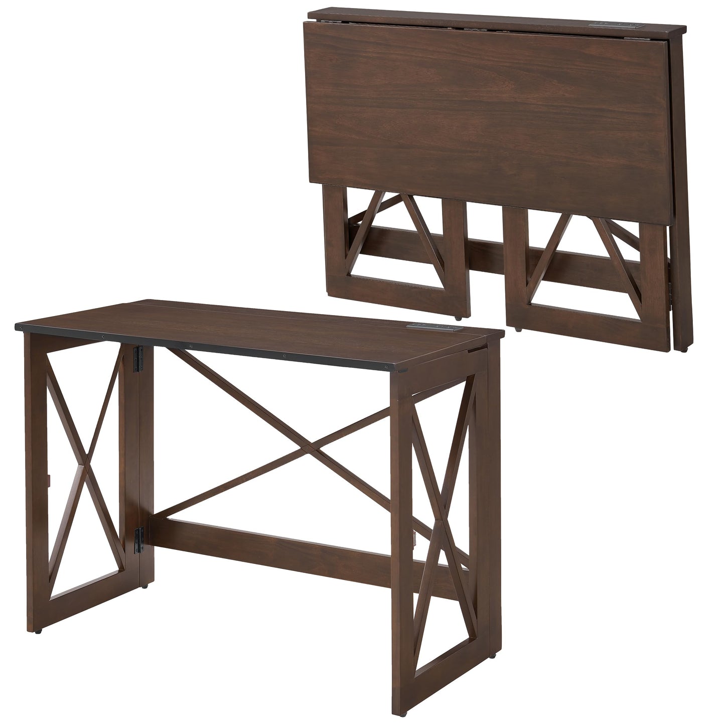 MECO Stakmore 110 Volt Stylish Versatile Expandable Folding Desk with Built in Outlets for Home Office, Den, or Living Room, Espresso