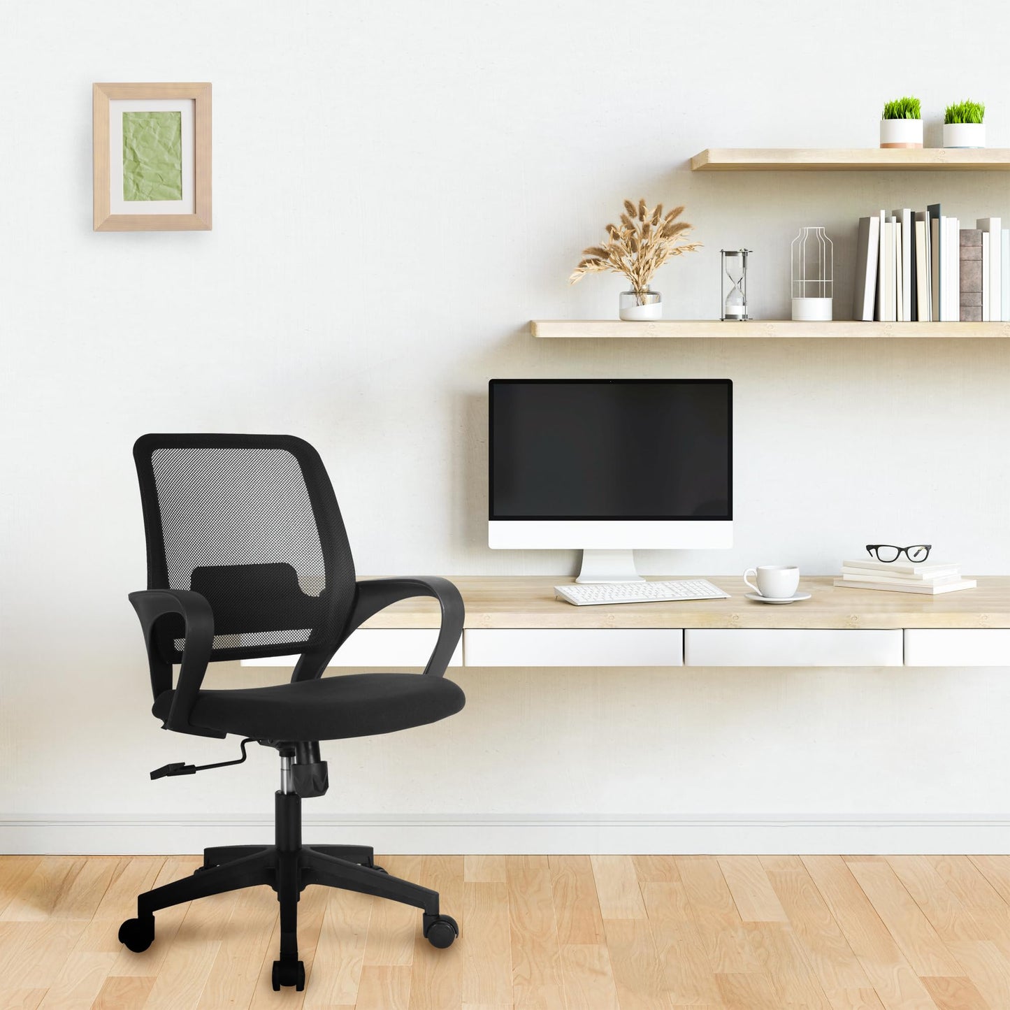 NEO Chair Office Desk Ergonomic Computer Mesh Chair with Lumbar Mid Back Support Adjustable Height Swivel Rolling Wheels Comfy Task Vanity Chair for Home Bedroom Study (All Black)