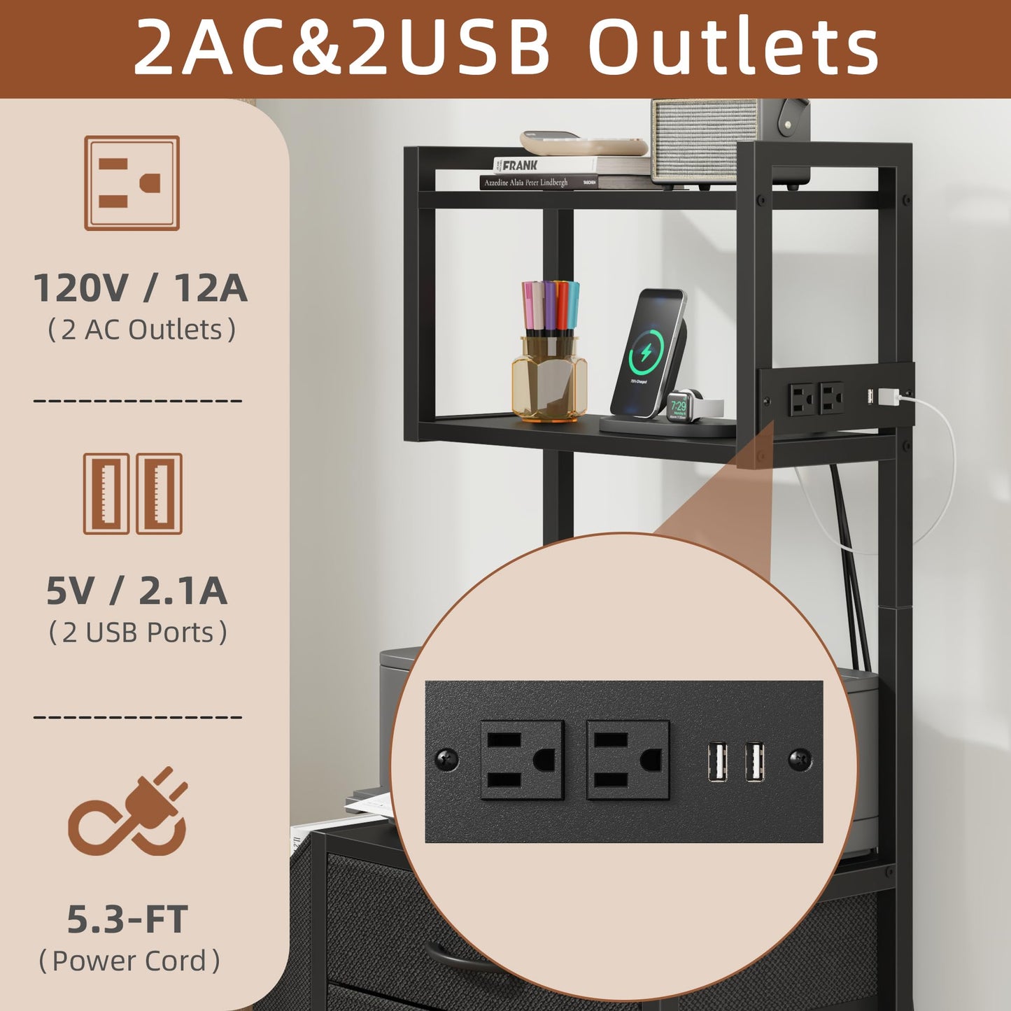 HIGDBFE 3 Drawer File Cabinet with Charging Station, 45''H & 3-Tier