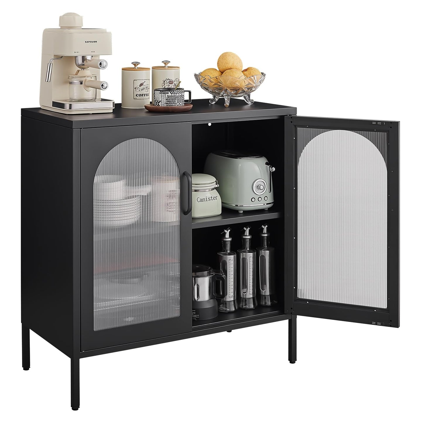 FURSTEL Buffet Cabinet, Modern Industrial Style Sideboard Buffet Cabinet, with Adjustable Shelves Credenza for Living Kitchen Dining Farmhouse, 15.8" L x 27.6" W x 35" H Black