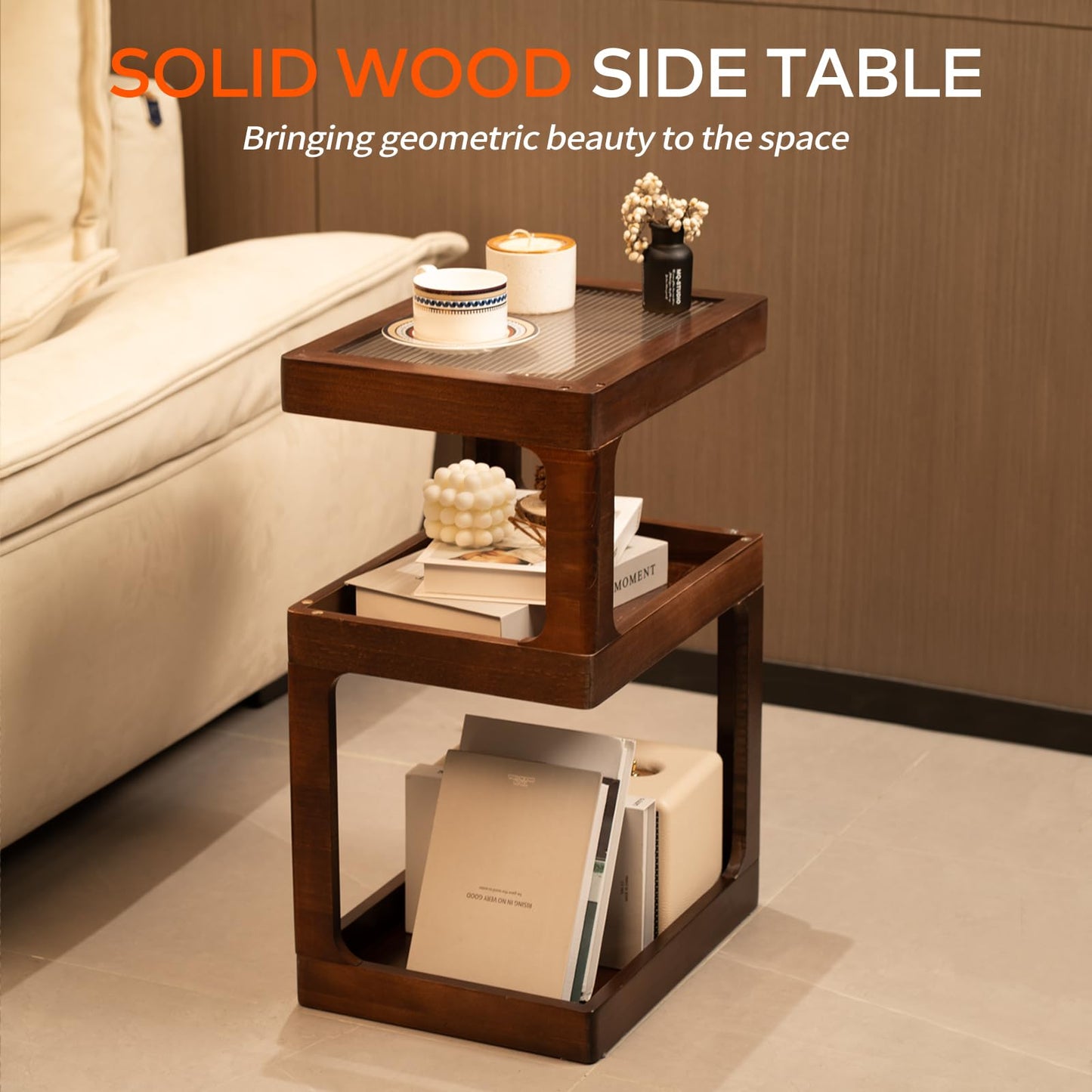 CheerNest Solid Wood End Table, 3-Tier Small Side Table with Fluted Acrylic Top, Rectangular Geometric Retro Accent Table with Open Storage for Small Spaces, Living Room, Bedroom, 100% Pine, Brown