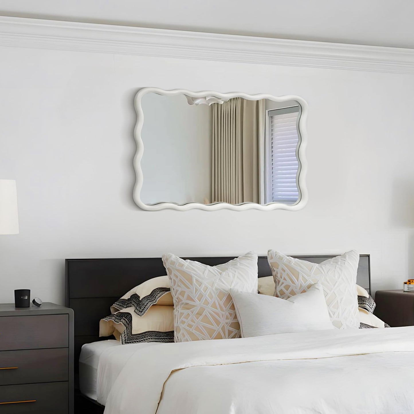 Dorlicecass White Wavy Mirror Solid Wood- Squiggly Mirror Vanity Modern Wall Decor for Bathroom, Bedroom, Living Room, Dining Room, Cloakroom, Entryway