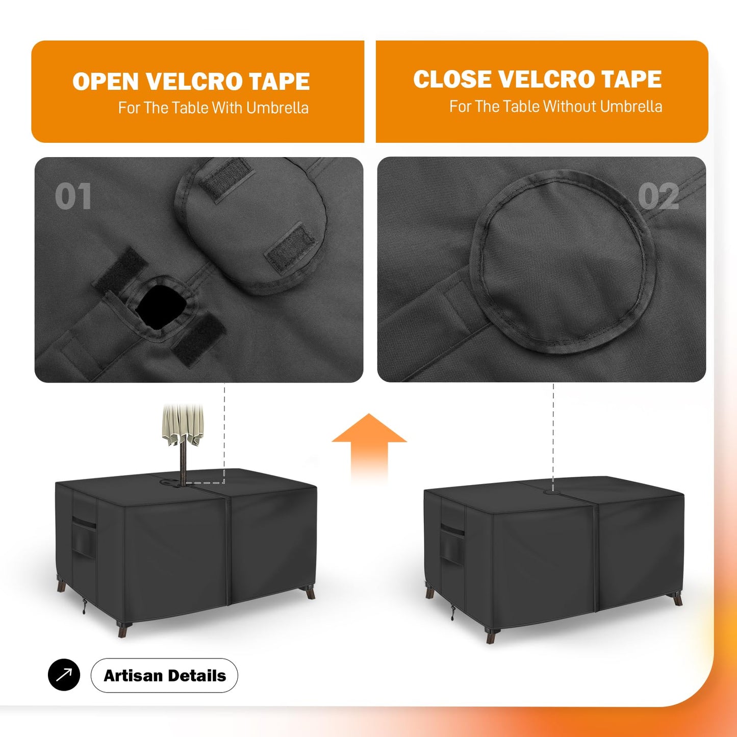 Rectangular Patio Table Cover with Umbrella Hole 72"L x 44"W x 23"H (COVER SIZE，NOT TABLE SIZE) Heavy Duty Waterproof Black Set Tarpaulins