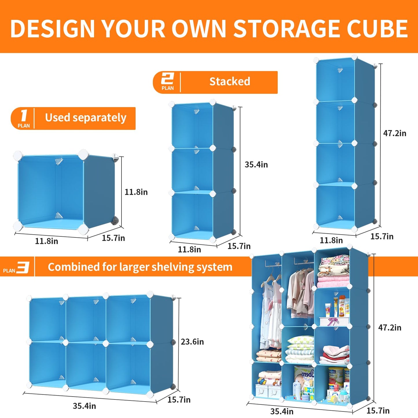 VIPZONE Baby Dresser, Kids Closet Organizers, Portable Kids Wardrobe for Closet, Bedroom, Nursery, Cubby, Cabinet, Clothes, Dress, Baby Storage Shelf, Armoire Clothes Hanging (Blue)