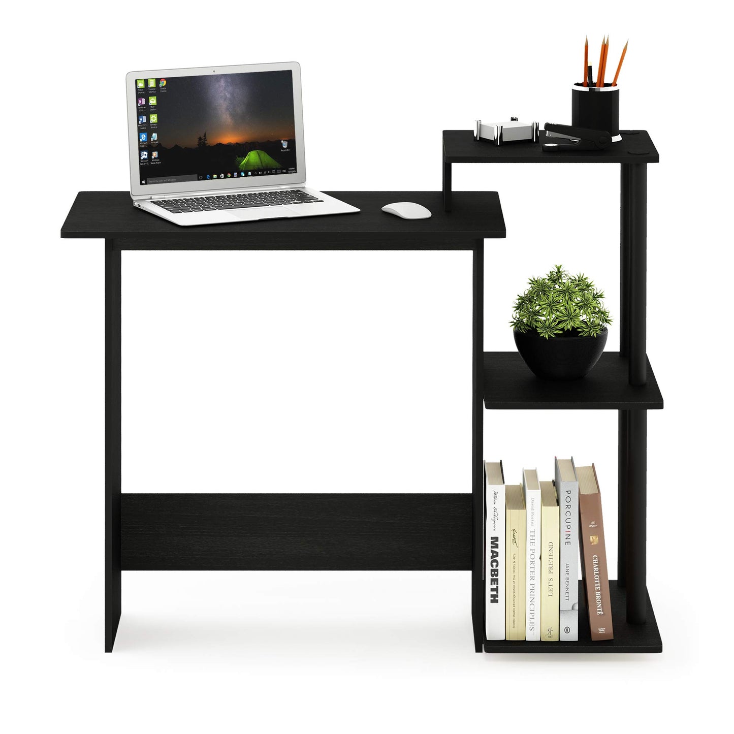 Furinno EFFICIENT Desk, 28.6" Wide Gaming Desk with 3 Open Side Shelves, Laptop Notebook Computer Desk, Office Desk for Home Office, Study Room, Dorm, Bedroom, Americano