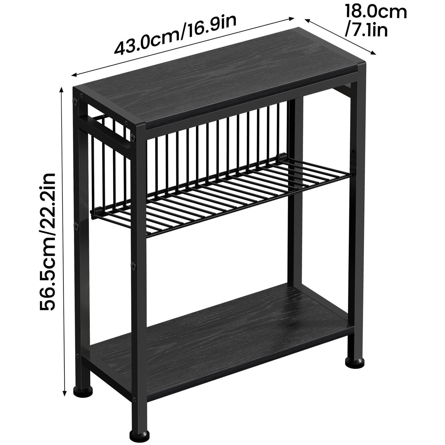 Lifenite Side Table for Small Spaces, Narrow End Table with Adjustable V-Shaped Magazine Rack, 7.1"D x 17"W x 21.7"H, Black