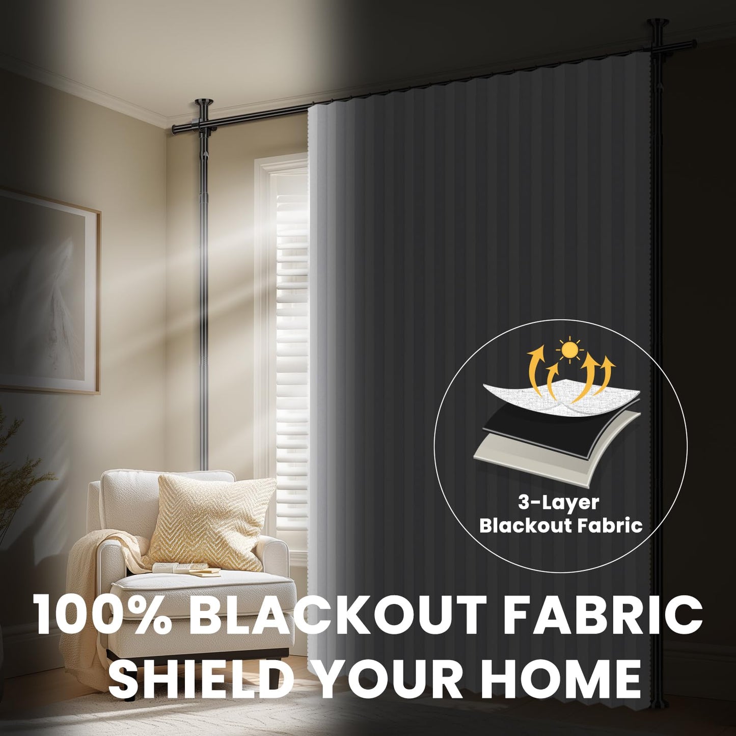 100% Blackout Room Divider Curtains Sets White 2 Panels W100 x L84in No Drill Curtain Rods(H) 43-120×(W) 35-200 in for Studio Apartment Dorm Office
