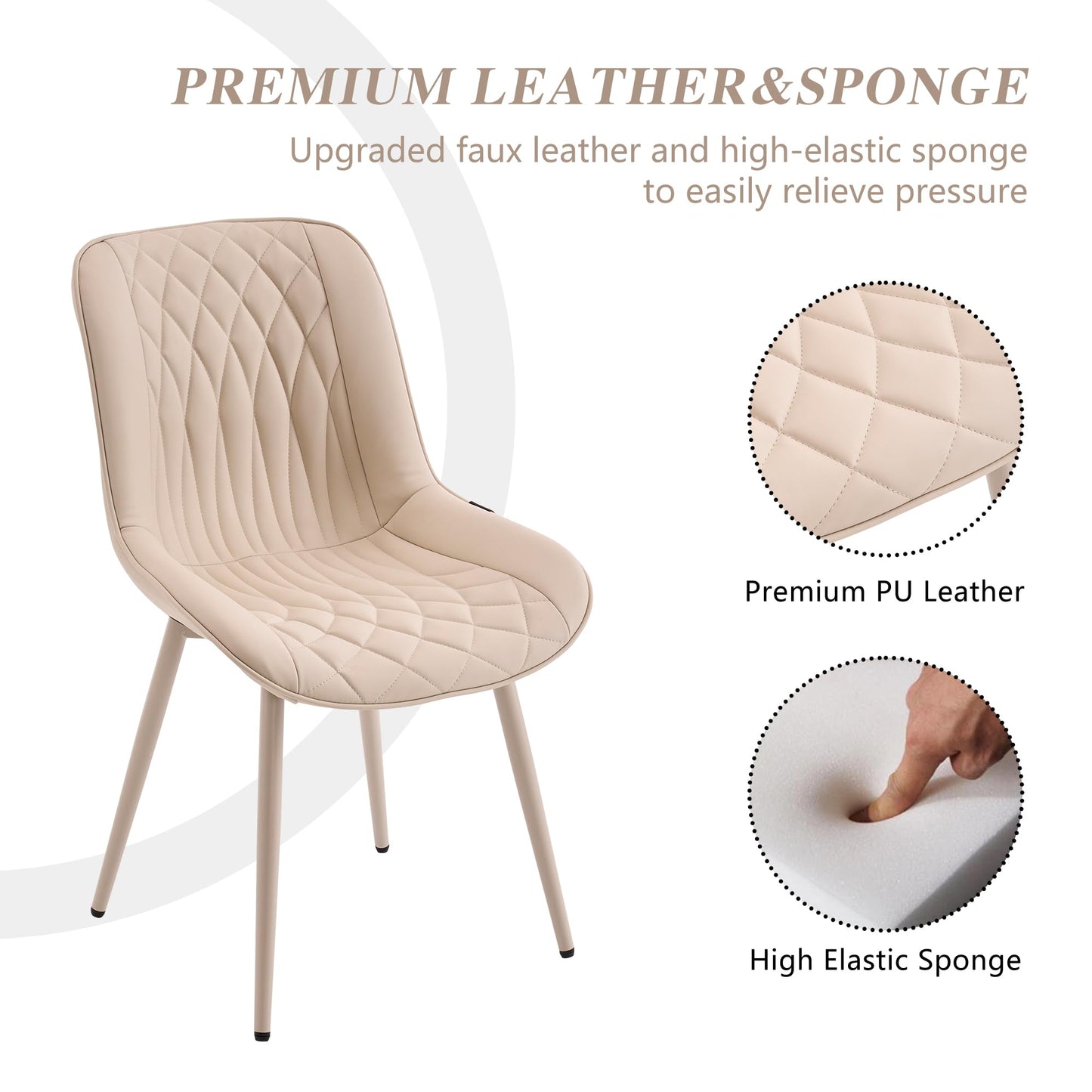 YOUNIKE Cream Faux Leather Dining Chairs Set of 2 Mid-Century Modern High Padded Back Comfy Upholstered Kitchen Chairs with Metal Legs Wide Seat Accent Side Chair for Dining/Living/Waiting Room