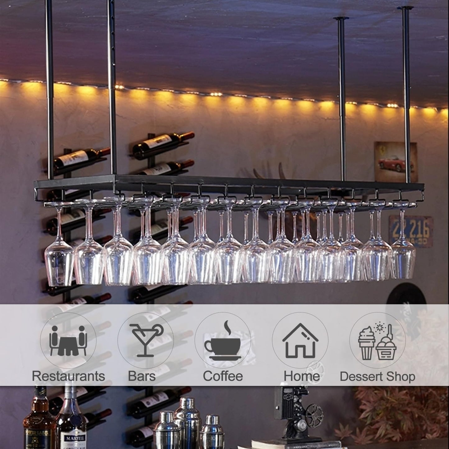 GFRWKCEX Ceiling Shelves Creative Wine Glass Holder, Black Metal Upside Down Decoration Rack, Adjustable Height Goblet Display Stand for Bar Home Cafe(60x35cm(24x14inch))