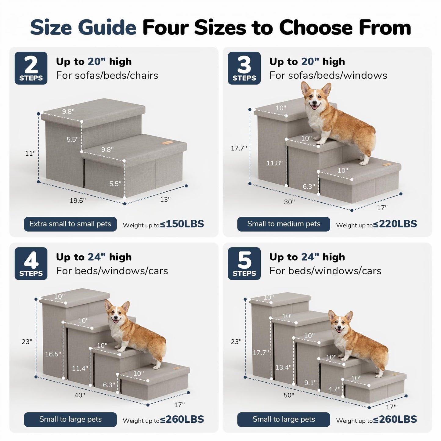 Fecuria 3-Step Wide Dog Stairs with Hidden Storage 18" H, Non-Slip Dog Steps for High Bed Couch Window Car, Jiont-Friendly Pet Stairs Ramp for Small/Medium/Large Old Dogs Cats Up to 220lbs, Grey