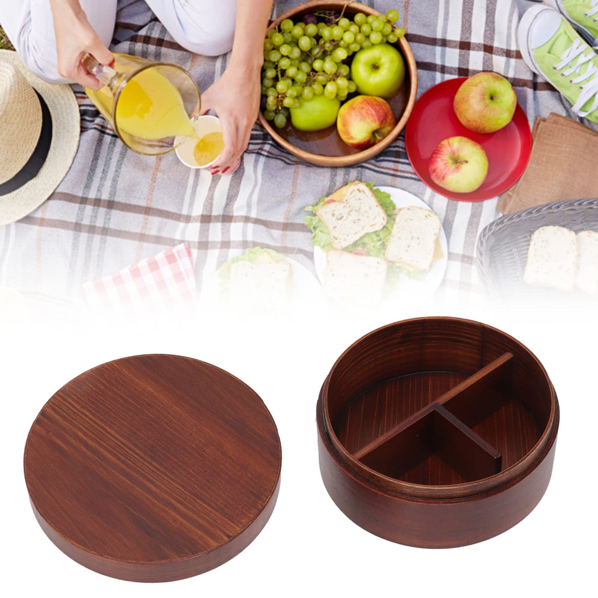Niiyen Lunch Box Wood Bento Box Round Food Container Snack Organizer Single Level Wooden Storage Box For Office Home Camping Picnic
