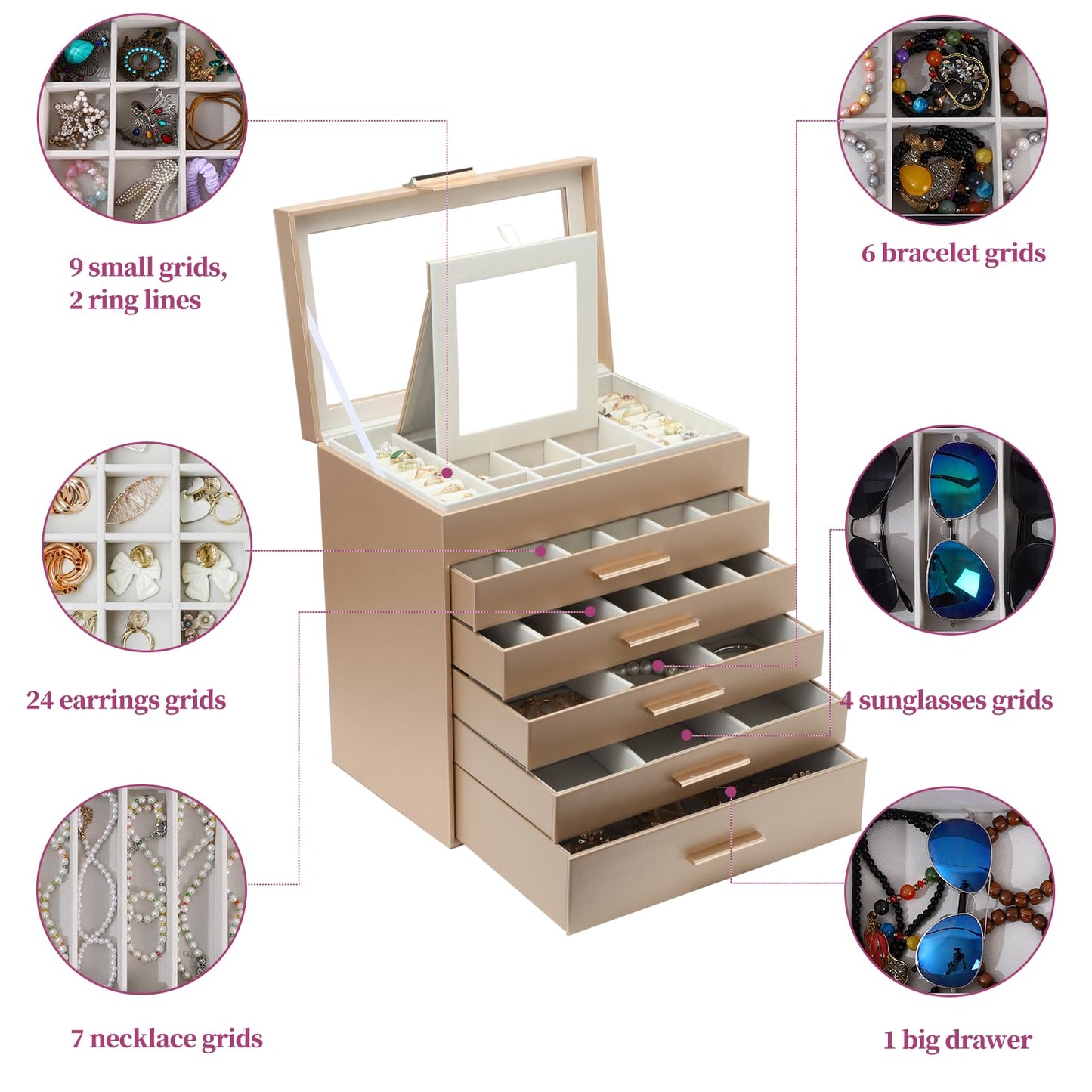 BOOVO Jewelry Boxes for Women, White and Black 6 Layer Large Jewelry Box for Necklace, Bracelet, Earrings, Rings Storage, Jewelry holder Organizer for Girls Gift (Gold, 6 layer)