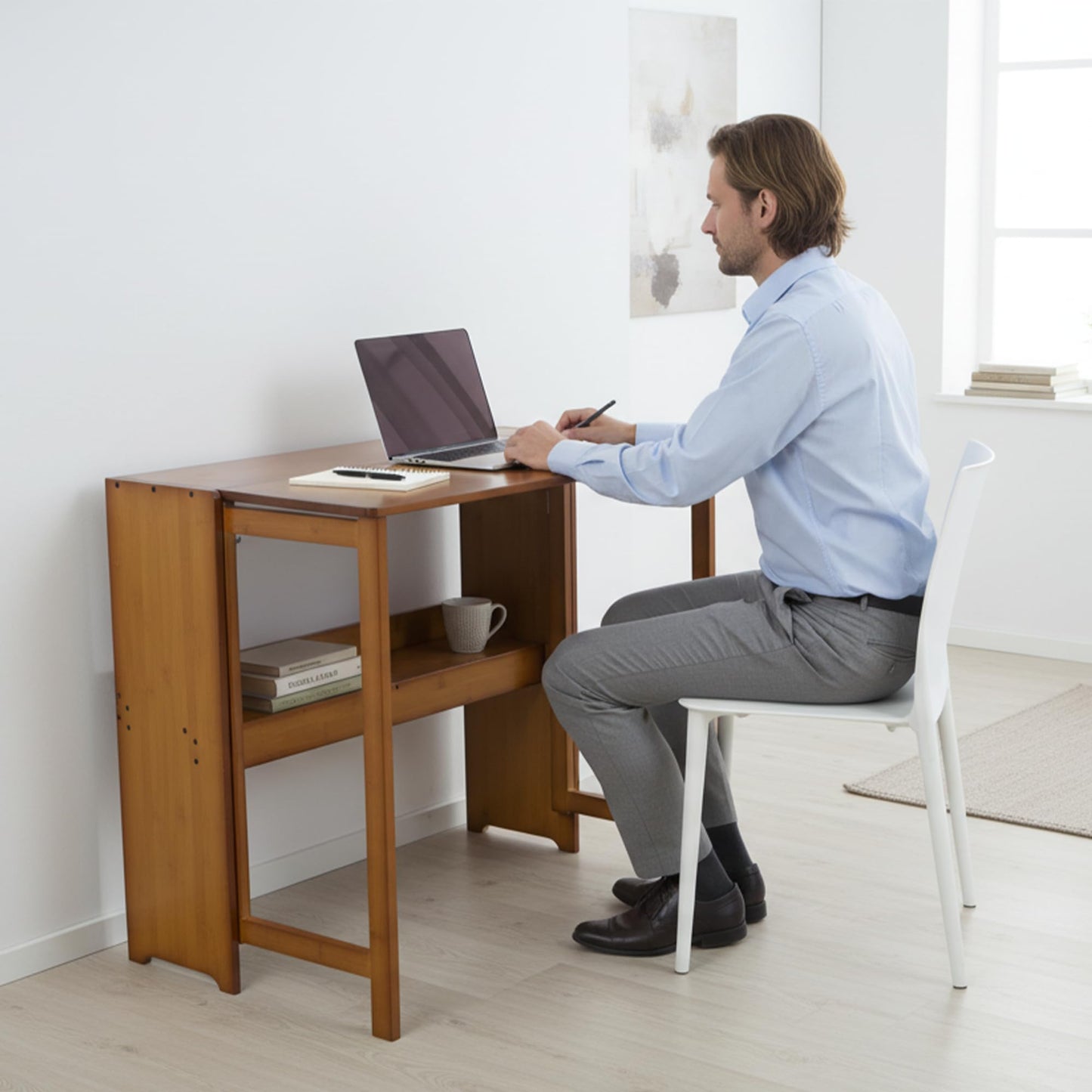 petour Wood Foldable Desk,Space Saving Foldable Table Bamboo Folding Desk Study Table with Bookshelf for Office Home Study Bedroom