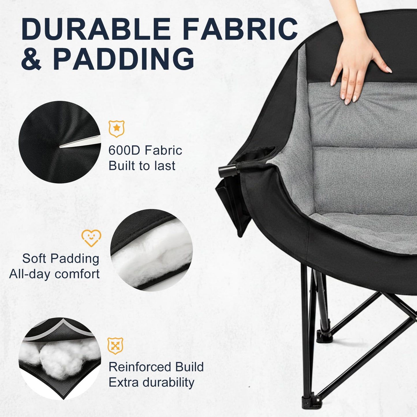Oversized Camping Chairs for Adult - Heavy Duty Padded Portable Folding Chair XL Collapsible Camp Chair with Cup Holder Side Pocket for Outdoor Lawn Beach Sport Fishing Support 500LBS, Grey 2 Pack