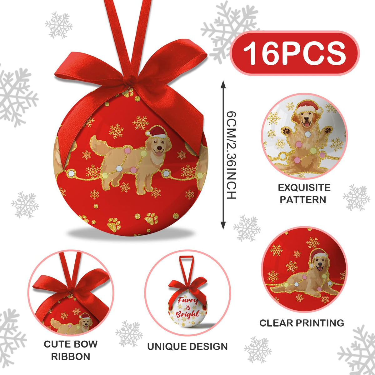 Golden Retriever Christmas Decor - Dog Christmas Tree Decorations Golden Retriever Ornament Hanging Balls, Cute Decorations Ball 2.36 Inch for Xmas Tree Party Home Holiday，Xmas Gifts Set of 16Pcs