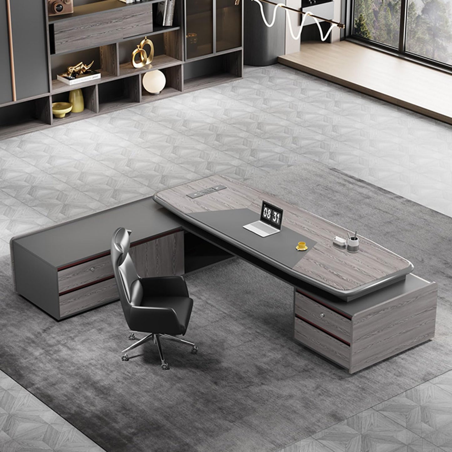 LSIGHTUS Grey Modern Business Executive Office Desk Computer Desk with Lateral Cabinet Writing Study Table Business Furniture Set for CEO Boss