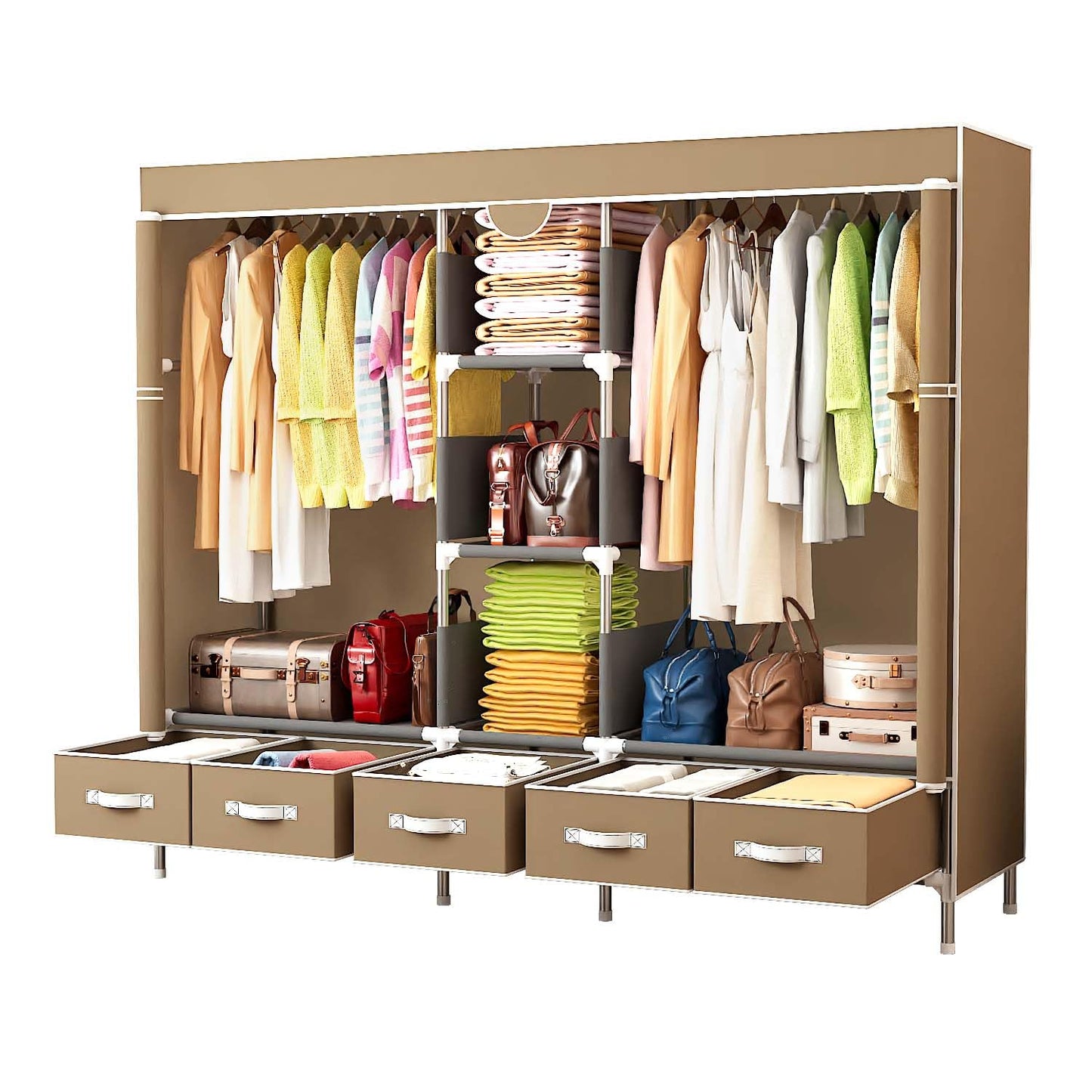 Kabudar Portable Fabric Closet with 5 Drawers, 72.8x17.7x67.7 Inch Sturdy Clothing Storage Organizer with Hanging Rod, Non-Woven Wardrobe for Bedroom Dorm Apartment (Coffee)