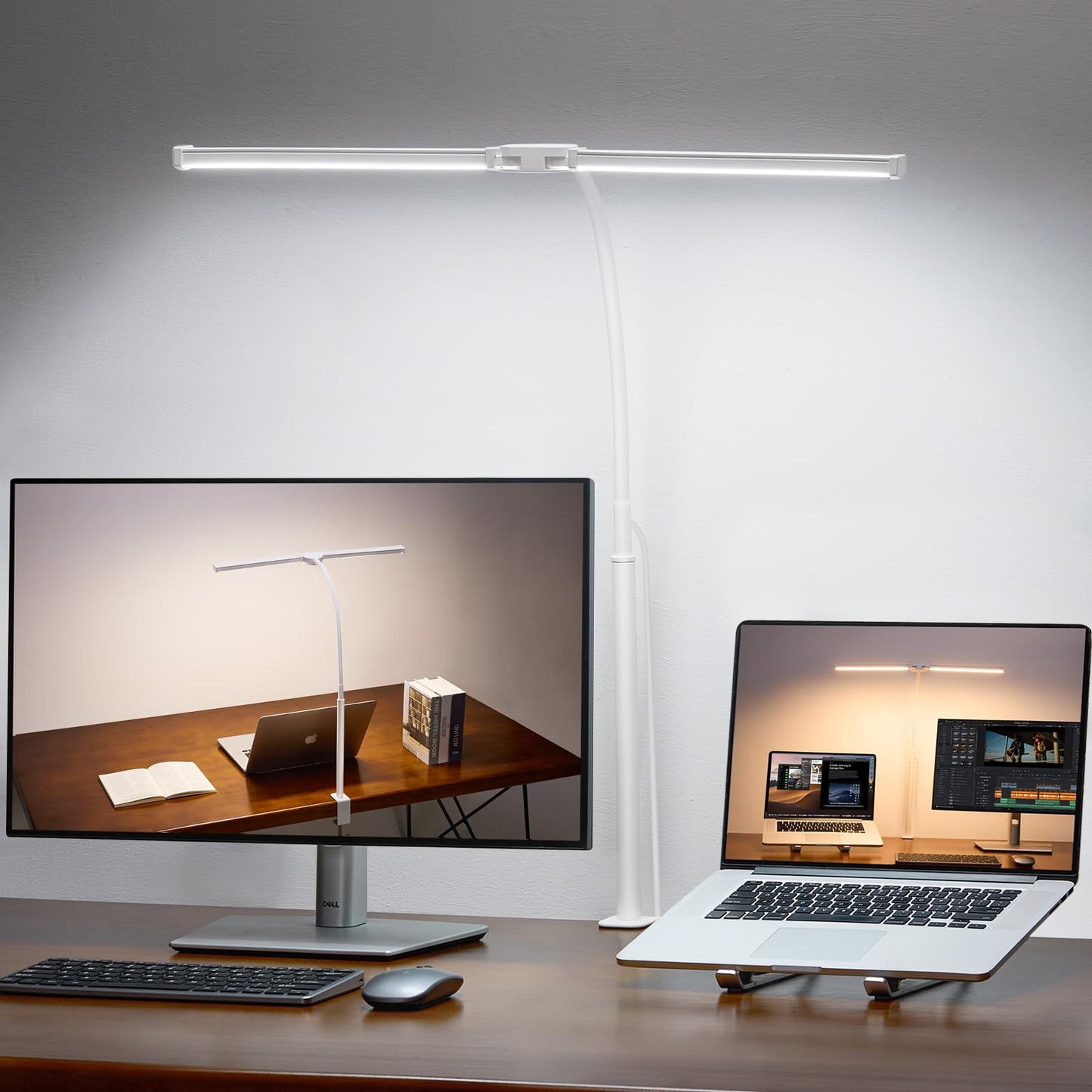 Voncerus LED Desk Lamp for Home Office, Double Head Architect Light with Clamp, Computer Monitor Clip on Light, 3 Modes and 10 Brightness, Adjustable Flexible Goose-Neck, Table Task Lamp, White