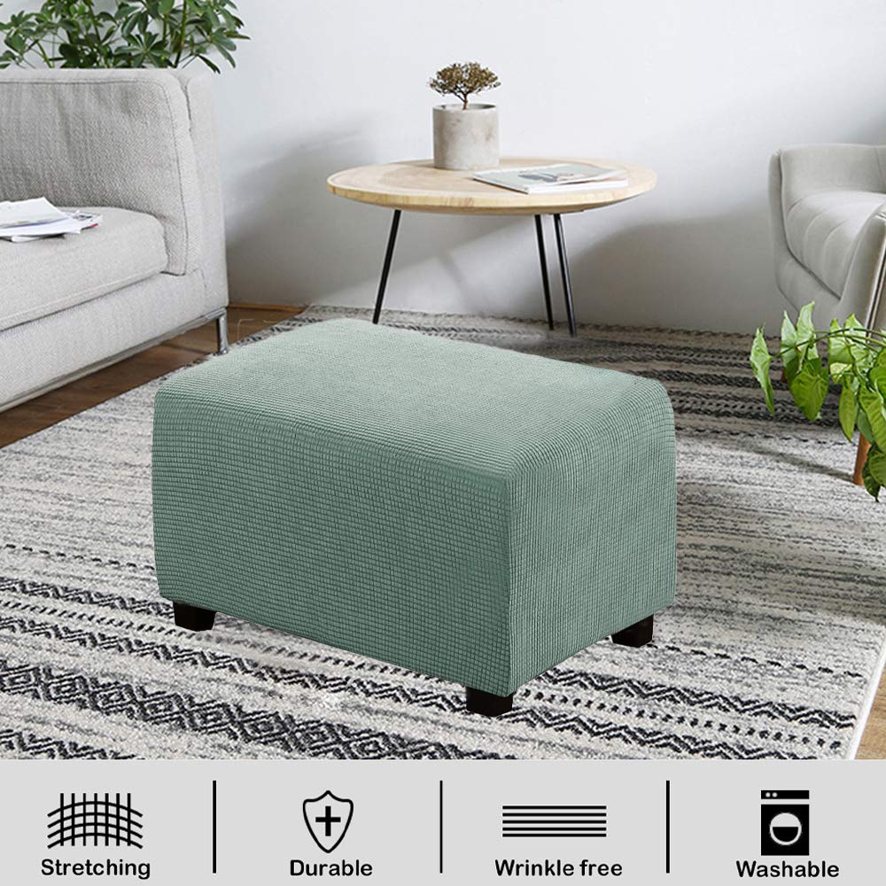 VIENLOVE Rectangle Ottoman Slipcover Polyester Blend Footstool Protector Covers Stretch with Elastic Bottom Feature Textured Machine Washable Jacquard Fabric (Sage, Large)