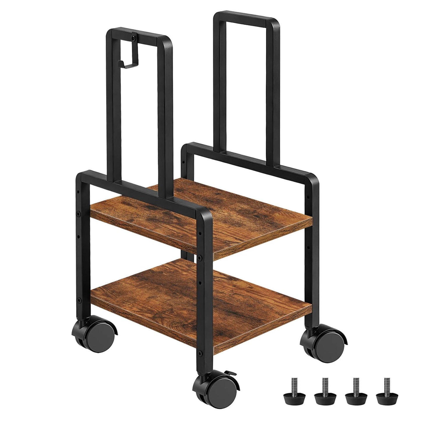 ZIIWIND Adjustable 2-Tier PC Stand, Computer Tower Stand with 360° Locking Wheels & Hooks, CPU Cart for Floor, Carpet and Under Desk, 15.2" x 11.8" x 26", Rustic Brown